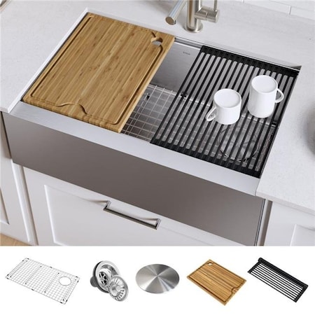 Daniel Kraus Kraus KWF410-30 30 in. Kore Workstation Farmhouse Flat Apron Front 16 Gauge Single Bowl Stainless Steel Kitchen Sink with Accessories - Pack of 5 KWF410-30